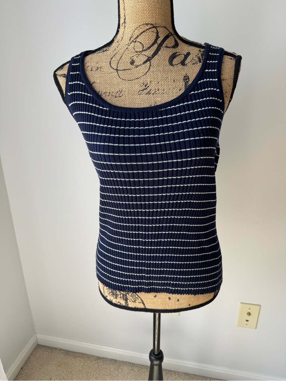 Lauren Ralph Lauren Navy and White Ribbed Striped Tank Top